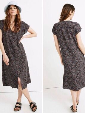 Madewell Fieldwalk Floral-Print Black Easy Midi Dress - Casual V-Neck Size XS